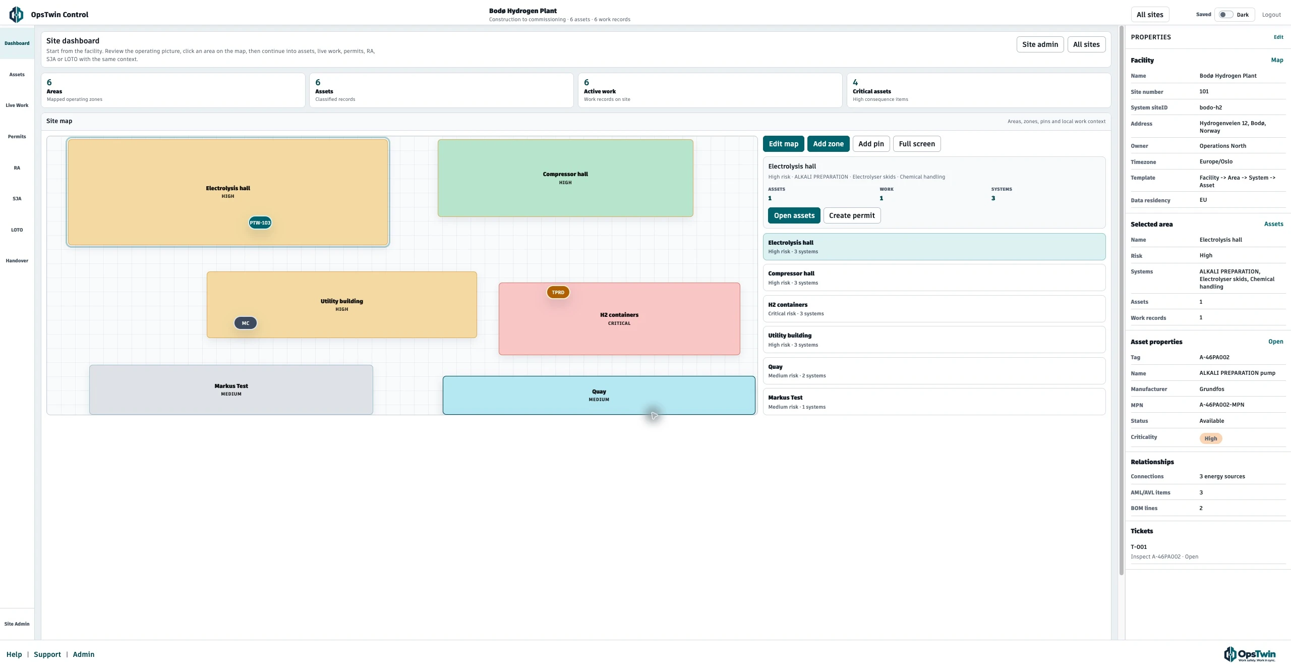 Current OpsTwin site map workspace with facility areas and operational context